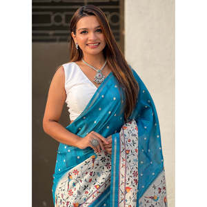 Sari en soie gujaratienne Kalamkari bleu denim Elite Weaves avec bordure Zari, élégant, extensible, séchage rapide, protection solaire pour l'été - Product Image 3