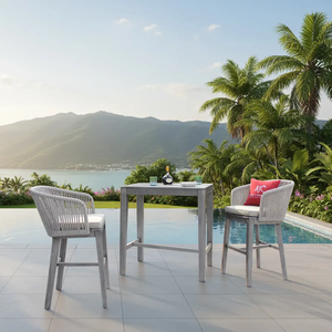 Contemporary Teak Wood Bar <b>Stool</b> With Rattan Back And Cream <b>Cushion</b> For Outdoor Use - Product Image 1