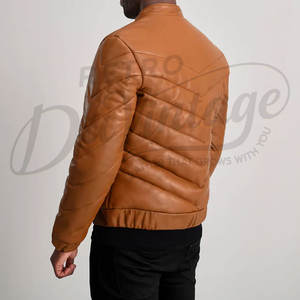 Veste matelassée en cuir marron pour homme, design chevron, coupe ajustée, col montant, en similicuir, chaude et rembourrée pour l'hiver - Product Image 2