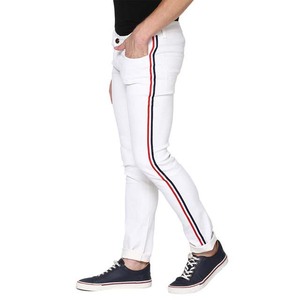 Jean slim blanc pour homme avec bande latérale rouge, coupe droite, en denim de coton décontracté, style été, taille mi-haute, dernière mode - Product Image 4
