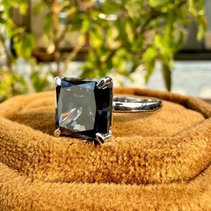 18K White Gold Plated <b>Large</b> Square Black Stone Lab-grown diamond <b>Ring</b> Classic Solitaire Statement Jewelry For Anniversary Gift - Product Image 2