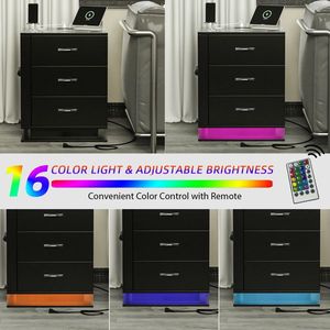 Black Right Side 3-Drawer <b>Bedside</b> Nightstand <b>Table</b> RGB <b>LED</b> Charging Station with USB Ports Bedroom Sets - Product Image 6