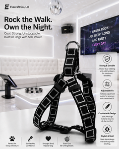 Dog Harness Nylon Geometric Pattern Adjustable Durable Comfortable Fashion Black with White <b>Stitching</b> - Product Image 1