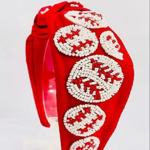 New Classic Red Baseball <b>Beaded</b> <b>Headband</b> Gameday Handmade Knotted Sport Embroidered Hair Accessory for Women & Girls Sports team - Product Image 1