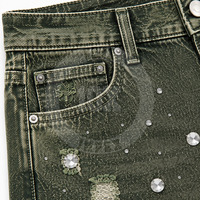 Celana Pendek Jeans Katun Berlogo Custom, Hiasan Rhinestone, Model Distressed, Dengan Kantong, Longgar, Cocok untuk Musim Panas