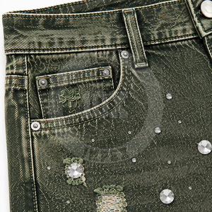 Shorts de Mezclilla con Logotipo Personalizado, Adornados con Pedrería, Estilo Desgastado, con Bolsillos, Corte Holgado, para Verano - Product Image 5
