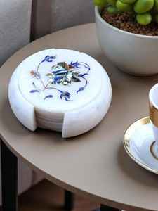 Sous-verres en marbre floral en pierres semi-précieuses, ensemble de sous-verres incrustés faits à la main, décoration élégante pour la maison, cadeau - Product Image 2