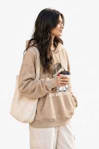 <b>Women's</b> Oversized <b>Beige</b> <b>Hoodie</b> Cartoon Cat Coffee Print Sweatshirt Casual Fleece Pullover - Product Image 2