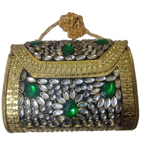 Fashion Women's Rectangle Brass Metal Evening Clutch Pearl Kundan Work Chain Strap Magnetic Closure-Bridal Party Festive - Product Image 1