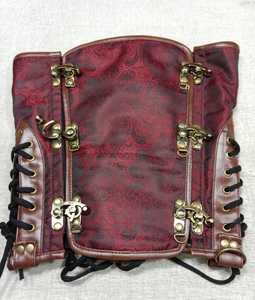 Women's Gothic Faux Leather Corset With Chain Red Brocade Fabric Shaper Breathable <b>Underbust</b> Corset Front Clasp and Chain Brown - Product Image 2