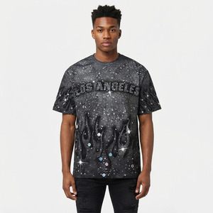 เสื้อยืดโอเวอร์ไซส์ผ้าฝ้ายแท้ 100% ประดับคริสตัลแบบกำหนดเอง สไตล์สตรีทแวร์ ยูนิเซ็กส์ ลอสแอนเจลิส - Product Image 3