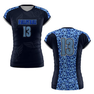 เสื้อวอลเลย์บอลหญิงสีน้ำเงินกรมท่าลายพรางแบบสั่งทำพิเศษ แขนสั้น พิมพ์ลายแบบซับลิเมชั่น ชุดทีม ระบายอากาศได้ดี แห้งเร็ว เสื้อกีฬา - Product Image 3