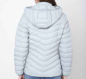 <b>Light</b> Gray Hooded <b>Puffer</b> <b>Jacket</b> Women's Autumn Casual Outerwear Solid Color Polyester Shell Zipper Closure Thin Fit - Product Image 2