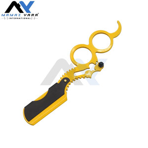 Navaja de afeitar de barbería de hoja única recta con elegante mango de anillo para hombre, para uso en salón y hogar, amarillo y negro - Product Image 5