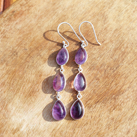 Boucles d'oreilles pendantes longues style bohème en laiton plaqué argent, avec améthyste naturelle en forme de goutte et pierres multicolores violettes, bijoux de fête pour femme