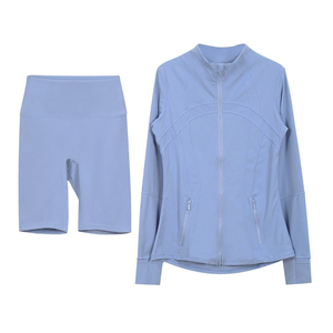 Ensemble de yoga 2 pièces pour femme : débardeur dos nageur, short taille haute, veste à manches longues imprimée rose, respirant, sans couture, extensible, séchage rapide, avec fermeture éclair - Product Image 6