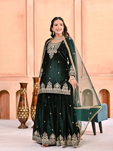 Ensemble Kurti en velours de viscose épais avec broderie, pantalon palazzo doublé et dupatta en tulle papillon NG 4009 - Product Image 3