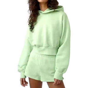 Conjunto Deportivo de Dos Piezas para Mujer con Logotipo Personalizado, Sudadera Corta y Pantalones Cortos, Alta Calidad, Sólido, Impermeable, Transpirable, 100% Algodón, Verano - Product Image 6