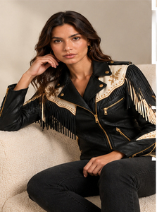 Leather Fringe Motorcycle <b>Jacket</b> for Women Black <b>Western</b> Biker with Embroidery Gold Hardware & Long Fringe Breathable Winter - Product Image 2