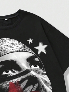 Camiseta Negra Oversize para Hombre con Diseño de Estrella en la Parte Delantera, Estilo Urbano, Manga Corta, Cuello Redondo, Algodón Jersey, en Oferta Online - Product Image 3