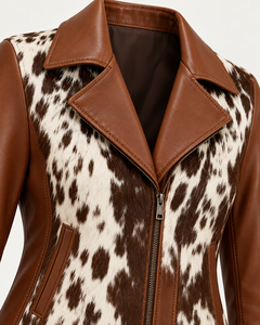 Veste en cuir de vachette pour femmes grandes tailles, style motard, marron, col rabattu, fermeture éclair - Product Image 6