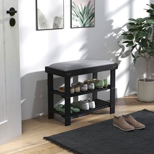 Panca Portascarpe Moderna a 3 Ripiani in Bambù con Cuscino Nero, Organizzatore per Ingresso e Corridoio - Product Image 2