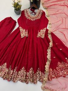 Robe longue élégante en mousseline de soie rouge avec broderie dorée, col bijou, manches longues, coupe trapèze, tenue de soirée, robe traditionnelle pour femmes - Product Image 2