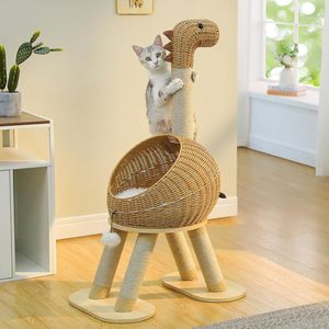 <b>Cat</b> Tree 46” <b>Cat</b> Dinosaur Tower with <b>Scratching</b> <b>Post</b>, Large Rattan <b>Cats</b> House in 18” Diameter, Wicker <b>Cat</b> Bed with Removable Mat - Product Image 1