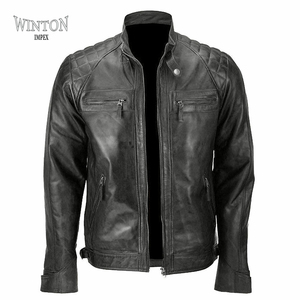 <b>Brown</b> <b>Faux</b> <b>Leather</b> Motorcycle <b>Jacket</b> <b>Men</b> Stand Collar Zipper Windproof Breathable Casual Winter Riding Outerwear Finished Front - Product Image 3