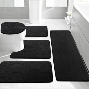 Ensemble de tapis de bain en mousse à mémoire de forme noire moderne, 4 pièces, antidérapant, rectangulaire, design abstrait en relief, pour la salle de bain à domicile - Product Image 4