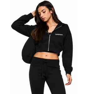 Women Cropped Zip Hoodie Tracksuit Set Slim Jogger <b>Trousers</b> Fitted Waist Casual Two Piece Lounge Outfit Wholesale Apparel Export - Product Image 3