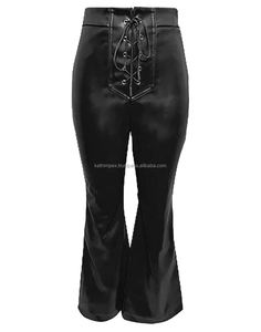 Pantalon évasé à taille haute en similicuir noir fait main pour femme, avec cordon de serrage, dentelle, jambe large, style vintage rétro streetwear - Product Image 1