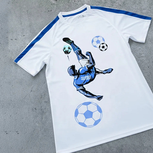 เสื้อยืดฟุตบอลแขนสั้นสีขาวสำหรับผู้ชาย พิมพ์ลายนักเตะสีน้ำเงิน แห้งเร็ว ดีไซน์สปอร์ต คอกลม ทรงปกติ - Product Image 1