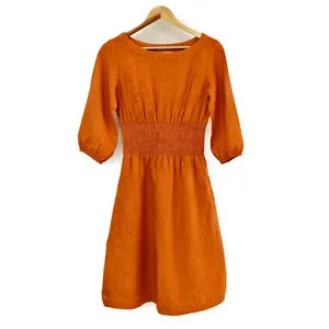 Women Rust Orange Cotton Linen Midi <b>Dress</b> Round Neck 3/4 Puff Sleeve Smocked Waist A Line Casual <b>Boho</b> <b>Dress</b> - Product Image 4