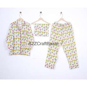 Conjunto de Pijamas de Algodón 100% para Mujer, Diseño Floral, Cintura Elástica, Mangas Largas, Tejido de Punto, Transpirable y Suave, Venta al Por Mayor - Product Image 1