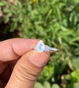 Pear Moonstone Ring Sterling Silver <b>Simulated</b> <b>Diamond</b> Accents Teardrop Gemstone Handmade Elegant Women Jewelry - Product Image 2