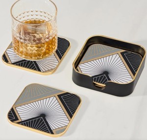 4-Piece Wooden Square Coasters Set Holder | Gold Black Geometric Enamel Design Drink Coasters | Luxury Eco-Friendly Accessories - Product Image 2