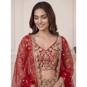 Red Zari Embroidered Net A-Line <b>Wedding</b> Lehenga Choli for Party - Product Image 2
