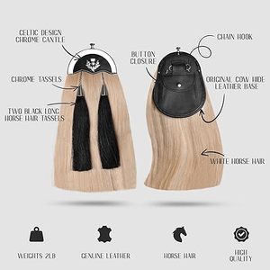 Sporran Escocés Formal de Acero Inoxidable, Duradero, Ligero y Personalizable, con Pelo de Caballo Blanco/Negro - Product Image 4