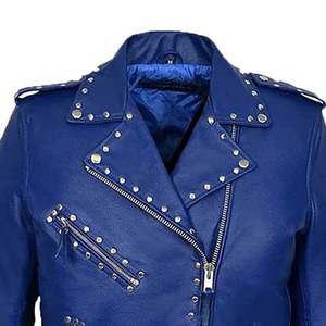 Blouson en cuir PU bleu unisexe, style motard, respirant, avec fermeture éclair, logo personnalisé, col en V, style streetwear, doublure en coton, pour l'automne - Product Image 6