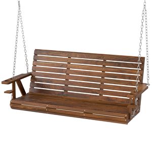 Dondolo a 3 posti in legno per veranda con portabicchieri e catene carbonizzate per patio e giardino - Product Image 1