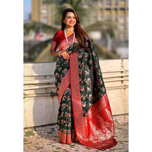 Sari en soie douce Banarasi tissé Zari Elite Weaves avec contraste Jaal vert bouteille, vêtements indiens et pakistanais 0.65g - Product Image 1