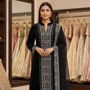 Conjunto de Salwar Negro de Diseñador con Dupatta, Bordado Intenso, de Secado Rápido, para Fiestas, Traje Étnico para Mujer - Product Image 1
