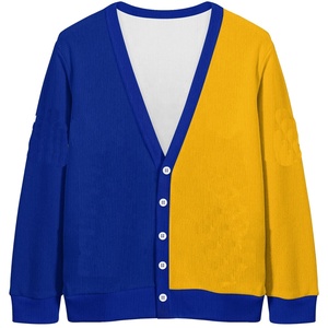 เสื้อคาร์ดิแกนถักไหมพรมสีน้ำเงินเหลืองแบบวิทยาลัยสำหรับผู้หญิง  คอวี  แขนลายทาง  แบบยาว  รับผลิตตามสั่ง (OEM)  ขายส่ง - Product Image 6