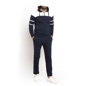 Men Navy Blue White Color Block Full Zip Hoodie Tracksuit Two Piece Set Double Sleeve Stripe Side Stripe <b>Jogger</b> Casual Sui - Product Image 1