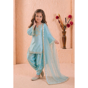 Elegante traje palazzo farshi bordado para niñas con top de diseñador y dupatta palazzo, confeccionado en seda de cristal romano para ocasiones festivas. - Product Image 1