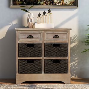Gabinete de Almacenamiento Rústico de Dos Cajones con Cuatro Cestas Clásicas de Ratán para Decoración de Comedor, Entrada o Sala de Estar - Product Image 1
