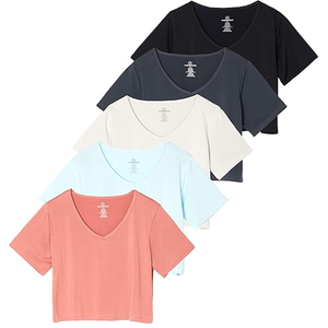 เสื้อยืดครอปคอวี แขนสั้น สีพื้น เรียบง่าย สวมใส่สบาย ระบายอากาศได้ดี ผลิตจากผ้าฝ้ายผสมสแปนเด็กซ์ เหมาะสำหรับฤดูใบไม้ผลิและฤดูร้อน - Product Image 1