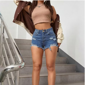 Shorts de Mezclilla Desgastados de Cintura Alta para Mujer, Estilo Casual de Verano, Tela de Algodón Transpirable, Jeans Cortos - Product Image 6