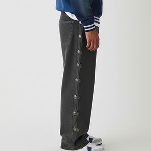 Pantalon en jean 100% coton délavé à l'acide, coupe ample, boutons latéraux, style vintage unisexe, broderie hip-hop, effet soleil délavé, streetwear tendance, jambe large - Product Image 6